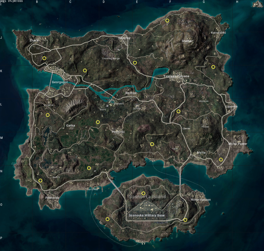 배틀그라운드 에란겔 비밀의 방 위치가 표시된 전체 지도