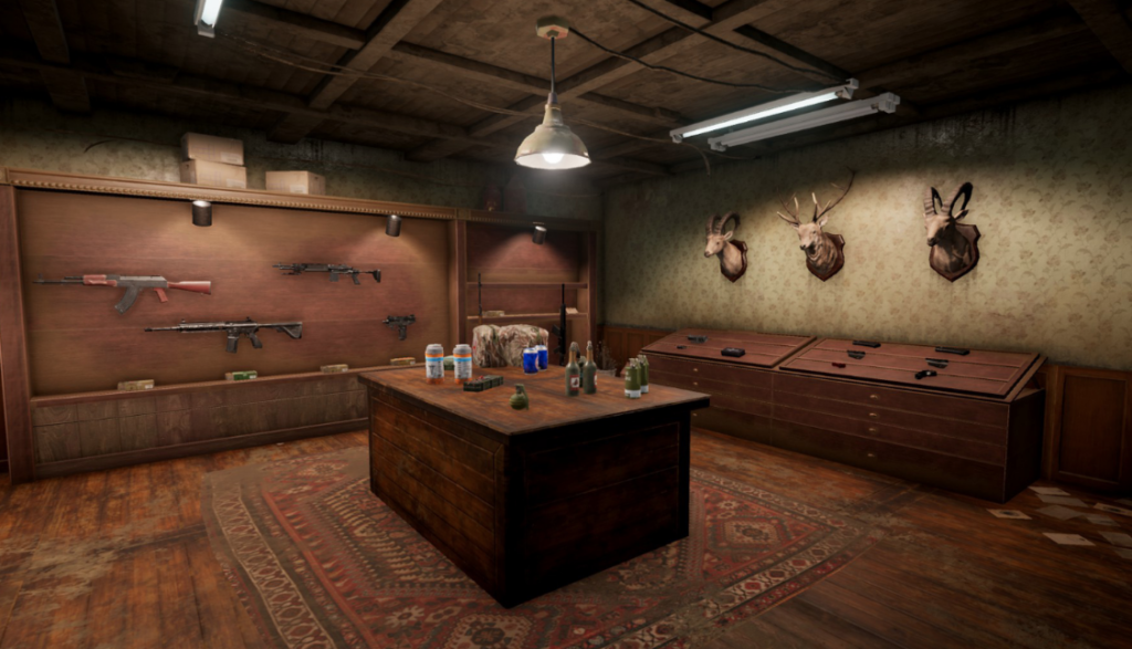 배틀그라운드 에란겔 비밀의 방 내부 아이템이 전시된 모습. 아이템 리스트